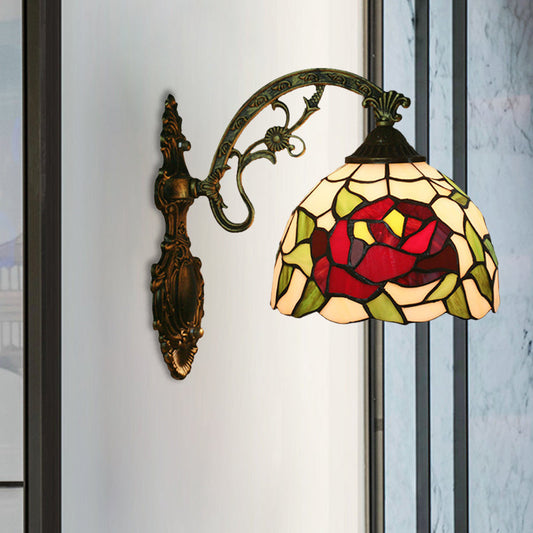 Frendorf | Roos/Zonnebloem Wandverlichting Tiffany Hand-gesneden Glas 1 Licht Rode/Groene Wandverlichtingsideeën