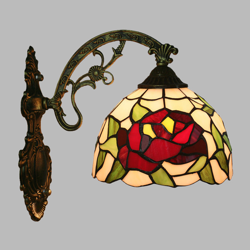 Frendorf | Roos/Zonnebloem Wandverlichting Tiffany Hand-gesneden Glas 1 Licht Rode/Groene Wandverlichtingsideeën