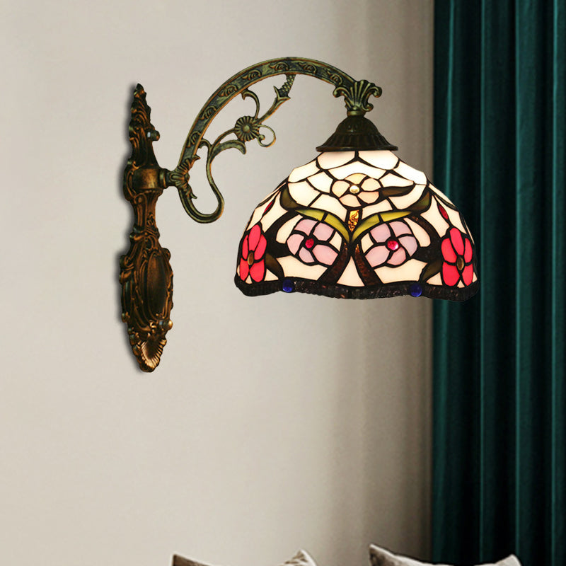 Frendorf | Bronzen 1-Licht Wandverlichtingsarmatuur Tiffany Gesneden Glas Pioenpatroon Kom Wandmontage Licht