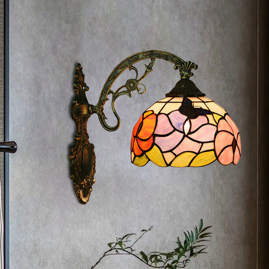 Frendorf | Einzelne Schmetterling und Pfingstrose Wandstehlampe Tiffany Bronze Buntglas Wandmontage Lampe