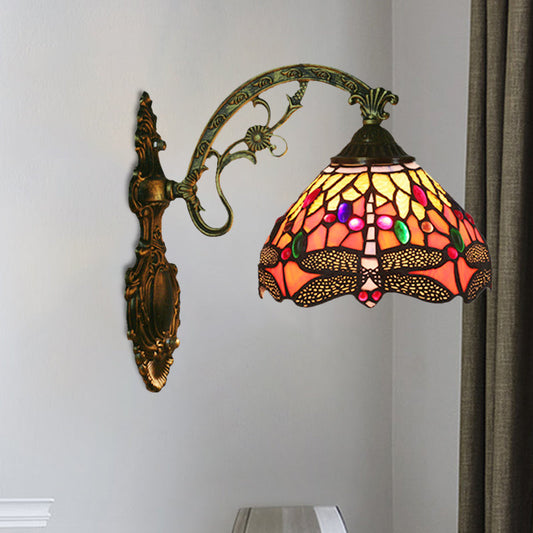 Frendorf | 1-Head Schlafzimmer Wandmontierte Lampe Tiffany Bronze Wandleuchte mit Kegel Dragonfly Muster Glas Shade