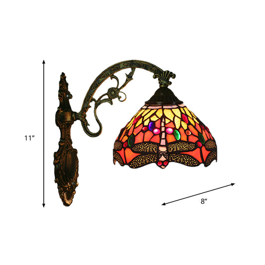 Frendorf | 1-Head Schlafzimmer Wandmontierte Lampe Tiffany Bronze Wandleuchte mit Kegel Dragonfly Muster Glas Shade