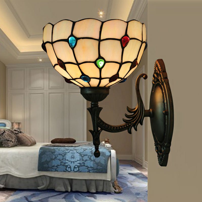 Frendorf | Blumen/Schüssel Wandmontage Leuchte Tiffany Beige/Gelbe Glas 1-Bulb Bronze Finish Wandschalter Licht