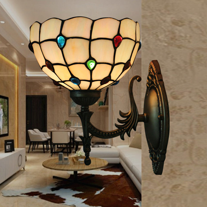 Frendorf | Blumen/Schüssel Wandmontage Leuchte Tiffany Beige/Gelbe Glas 1-Bulb Bronze Finish Wandschalter Licht