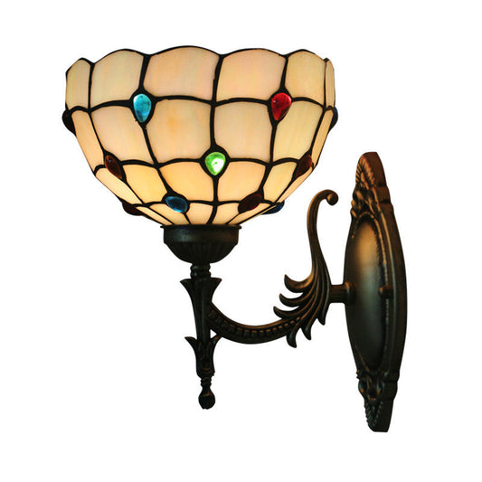 Frendorf | Blumen/Schüssel Wandmontage Leuchte Tiffany Beige/Gelbe Glas 1-Bulb Bronze Finish Wandschalter Licht