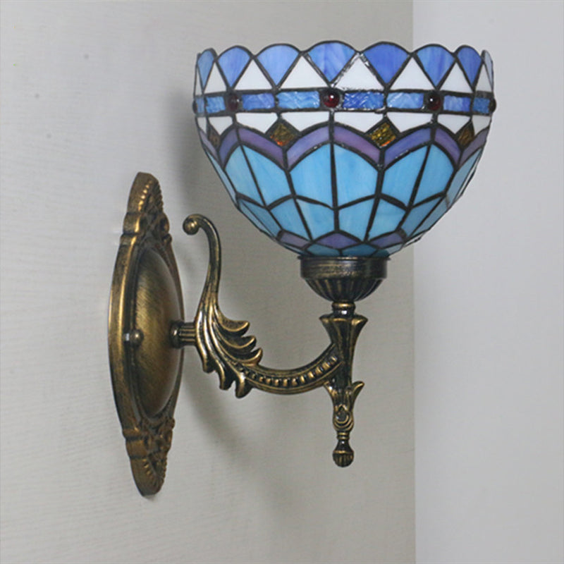 Frendorf | 1-Light Schlafzimmer Wandleuchte Mediterranes Bronze Wandleuchtenarmatur mit Schüssel Blaues Glas Schirm