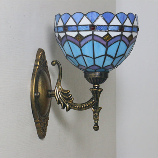 Frendorf | 1-Light Schlafzimmer Wandleuchte Mediterranes Bronze Wandleuchtenarmatur mit Schüssel Blaues Glas Schirm