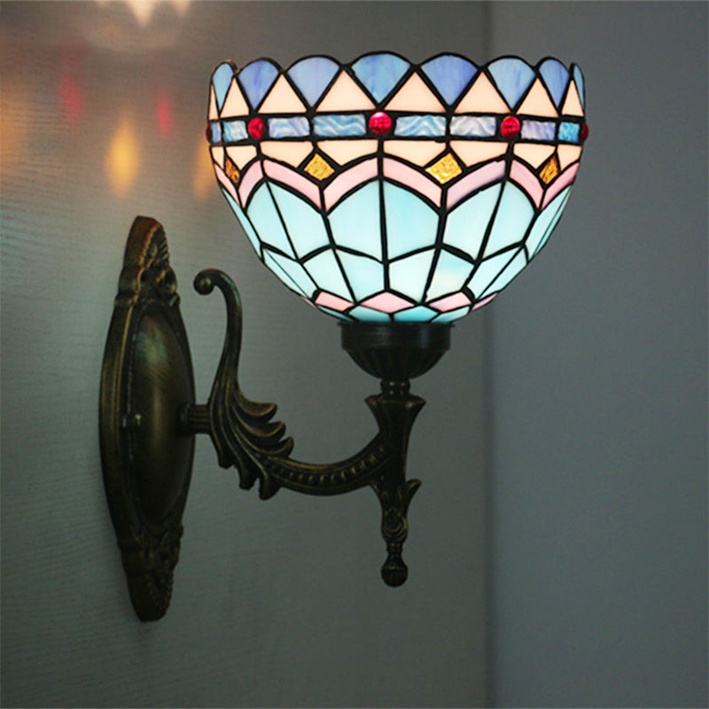Frendorf | 1-Light Schlafzimmer Wandleuchte Mediterranes Bronze Wandleuchtenarmatur mit Schüssel Blaues Glas Schirm