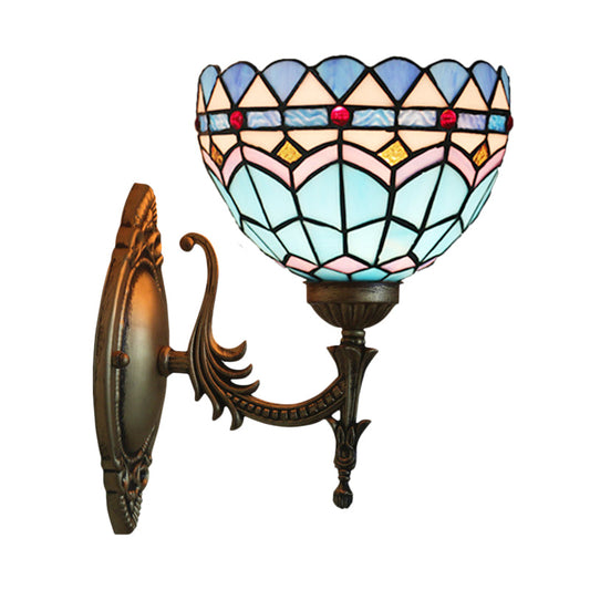 Frendorf | 1-Light Schlafzimmer Wandleuchte Mediterranes Bronze Wandleuchtenarmatur mit Schüssel Blaues Glas Schirm