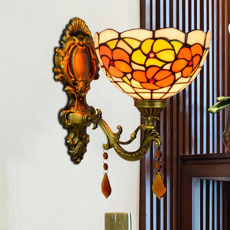 Frendorf | Bladpatroon Kom Gebrandschilderd Glas Wandlamp Tiffany 1 Hoofd Oranje/Paarse/Rode Wandbevestiging