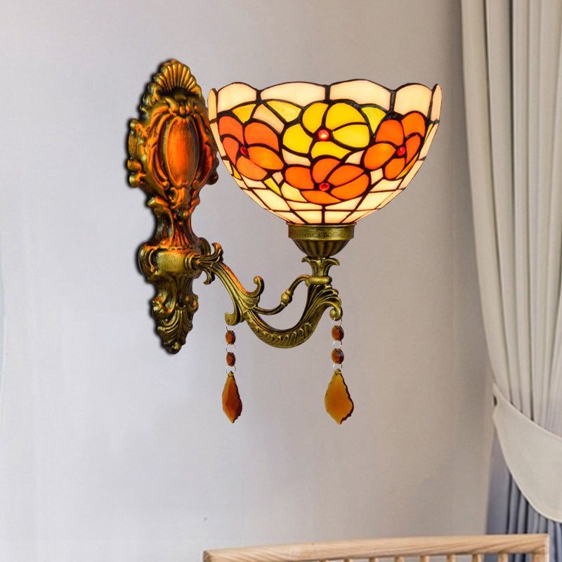 Frendorf | Bladpatroon Kom Gebrandschilderd Glas Wandlamp Tiffany 1 Hoofd Oranje/Paarse/Rode Wandbevestiging