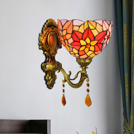 Frendorf | Bladpatroon Kom Gebrandschilderd Glas Wandlamp Tiffany 1 Hoofd Oranje/Paarse/Rode Wandbevestiging