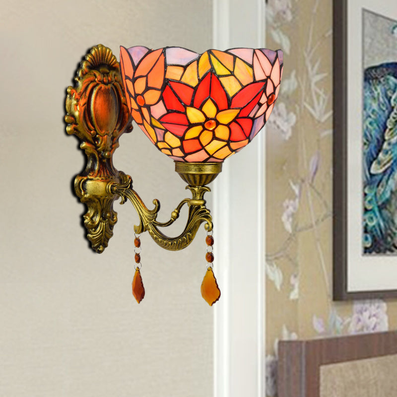 Frendorf | Bladpatroon Kom Gebrandschilderd Glas Wandlamp Tiffany 1 Hoofd Oranje/Paarse/Rode Wandbevestiging