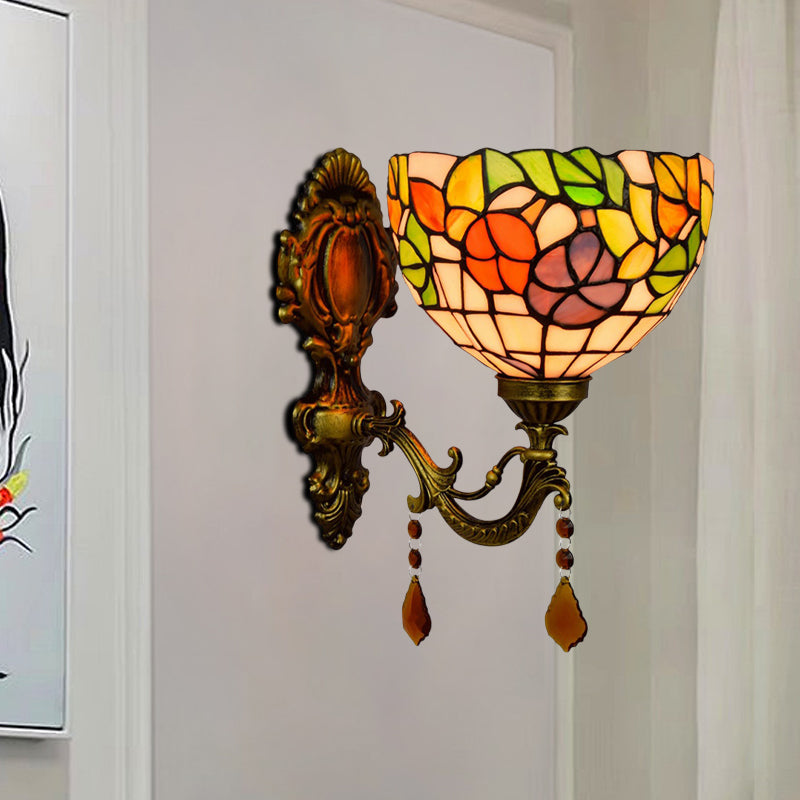 Frendorf | Bladpatroon Kom Gebrandschilderd Glas Wandlamp Tiffany 1 Hoofd Oranje/Paarse/Rode Wandbevestiging