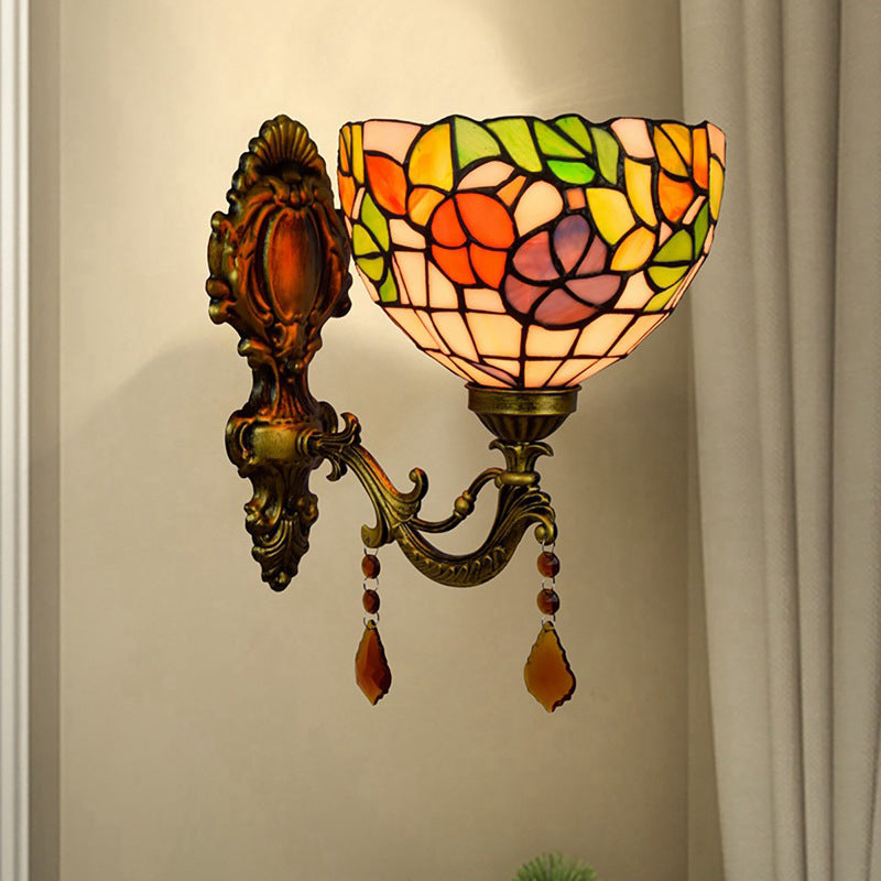 Frendorf | Bladpatroon Kom Gebrandschilderd Glas Wandlamp Tiffany 1 Hoofd Oranje/Paarse/Rode Wandbevestiging