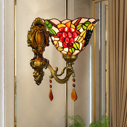 Frendorf | Einzelne-Glühbirne Wand Sconces Tiffany Flared Buntglas Wandmontage Licht mit Traubenmuster in Messing