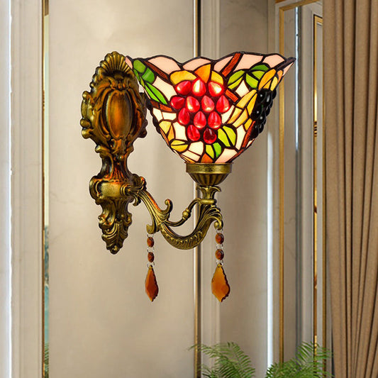 Frendorf | Einzelne-Glühbirne Wand Sconces Tiffany Flared Buntglas Wandmontage Licht mit Traubenmuster in Messing