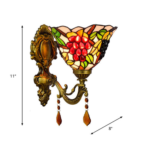 Frendorf | Einzelne-Glühbirne Wand Sconces Tiffany Flared Buntglas Wandmontage Licht mit Traubenmuster in Messing