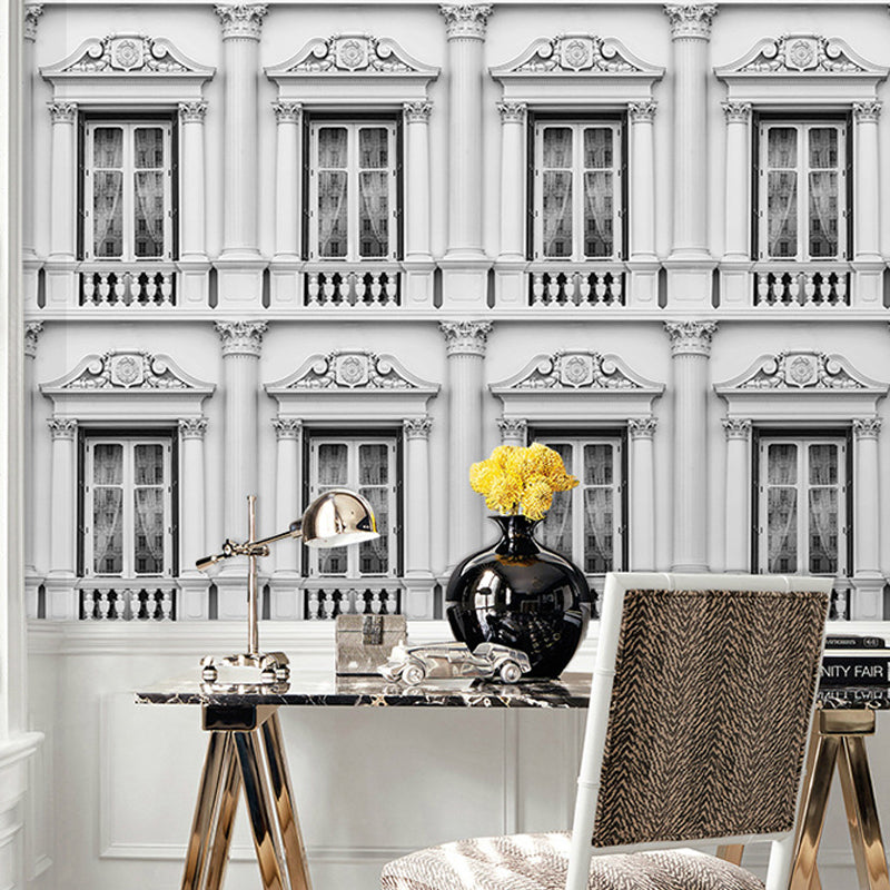 Frendorf | Vollformat Wandkunst Retro Fenster und Balkon im rumänischen Stil Wandtapete in Grau und Weiß