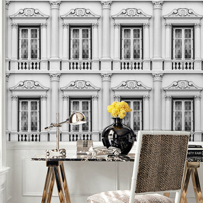 Frendorf | Vollformat Wandkunst Retro Fenster und Balkon im rumänischen Stil Wandtapete in Grau und Weiß