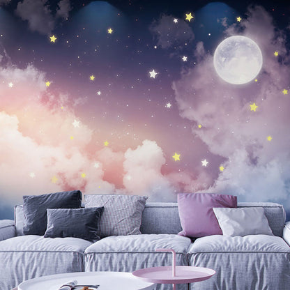 Frendorf | Full Size Mural Calming Novelty Moon and Star Wall Decor in Pink and Purple