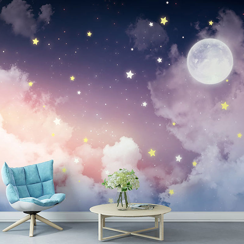 Frendorf | Full Size Mural Calming Novelty Moon and Star Wall Decor in Pink and Purple