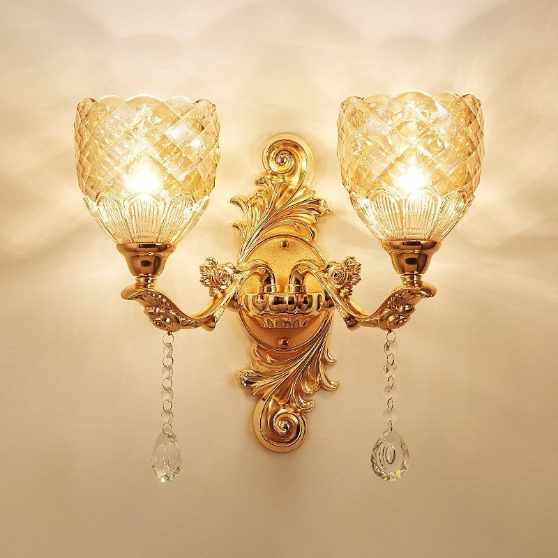 Frendorf | 2 Lichten Koepel/Bloem Op Muur Sconces Licht Europese Gouden Textuur Crystal Wandlamp Fixture