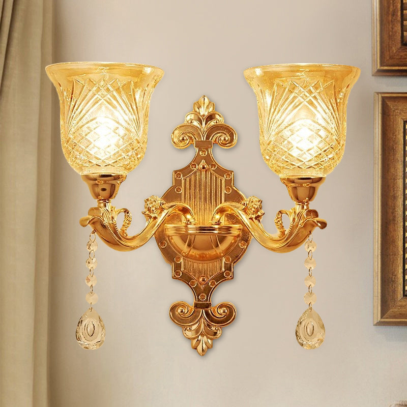 Frendorf | 2 Lichten Koepel/Bloem Op Muur Sconces Licht Europese Gouden Textuur Crystal Wandlamp Fixture