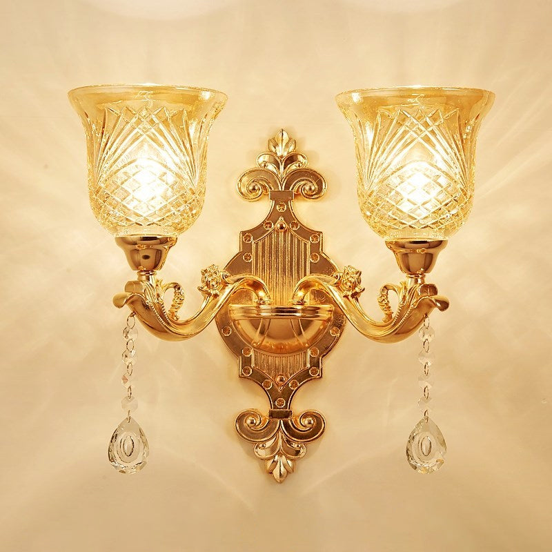 Frendorf | 2 Lichten Koepel/Bloem Op Muur Sconces Licht Europese Gouden Textuur Crystal Wandlamp Fixture