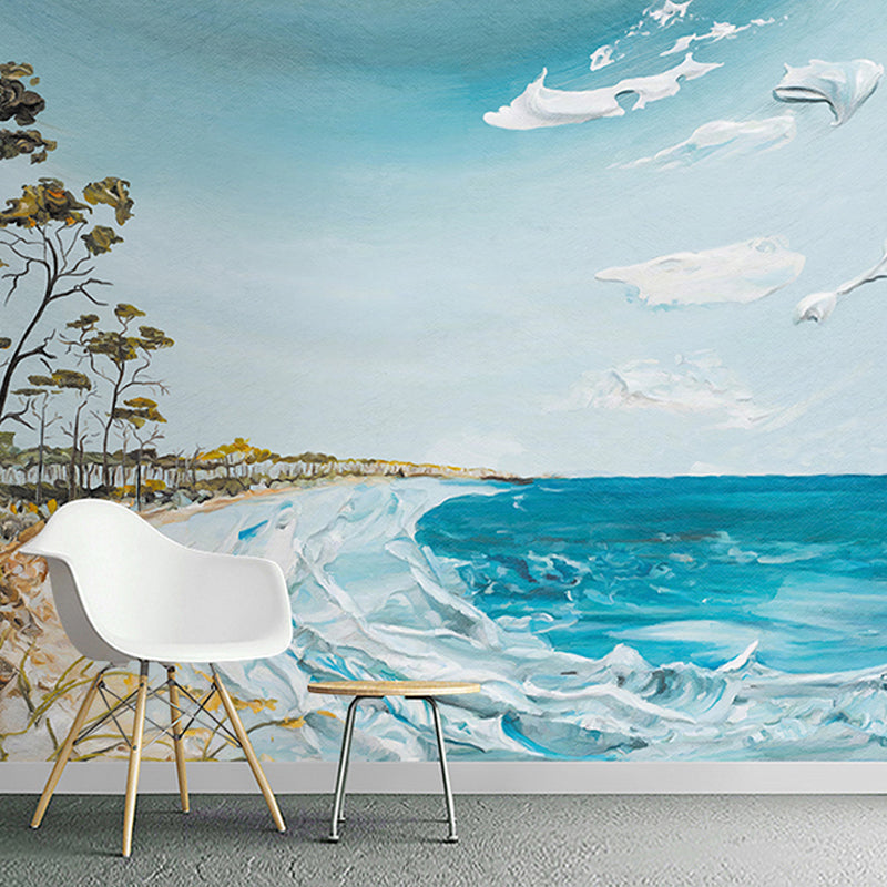 Frendorf | Whole Photo Print Seashore Mural Wallpaper für Café in Blau und Weiß, Maßanfertigung