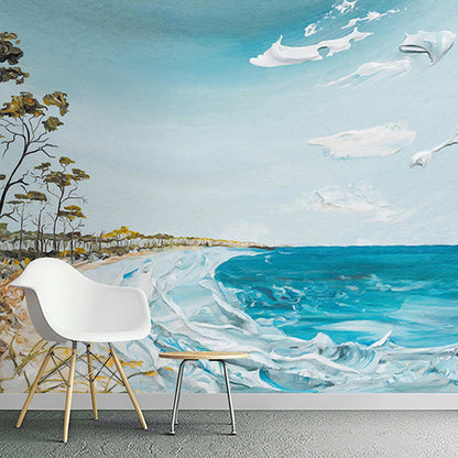 Frendorf | Whole Photo Print Seashore Mural Wallpaper für Café in Blau und Weiß, Maßanfertigung