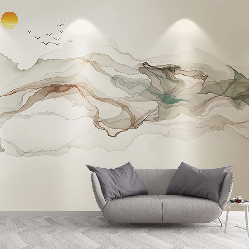 Frendorf | Grote illustratie zonsopgang wandtapijt voor de woningdecoratie in grijs en blauw, op maat gemaakte maten beschikbaar