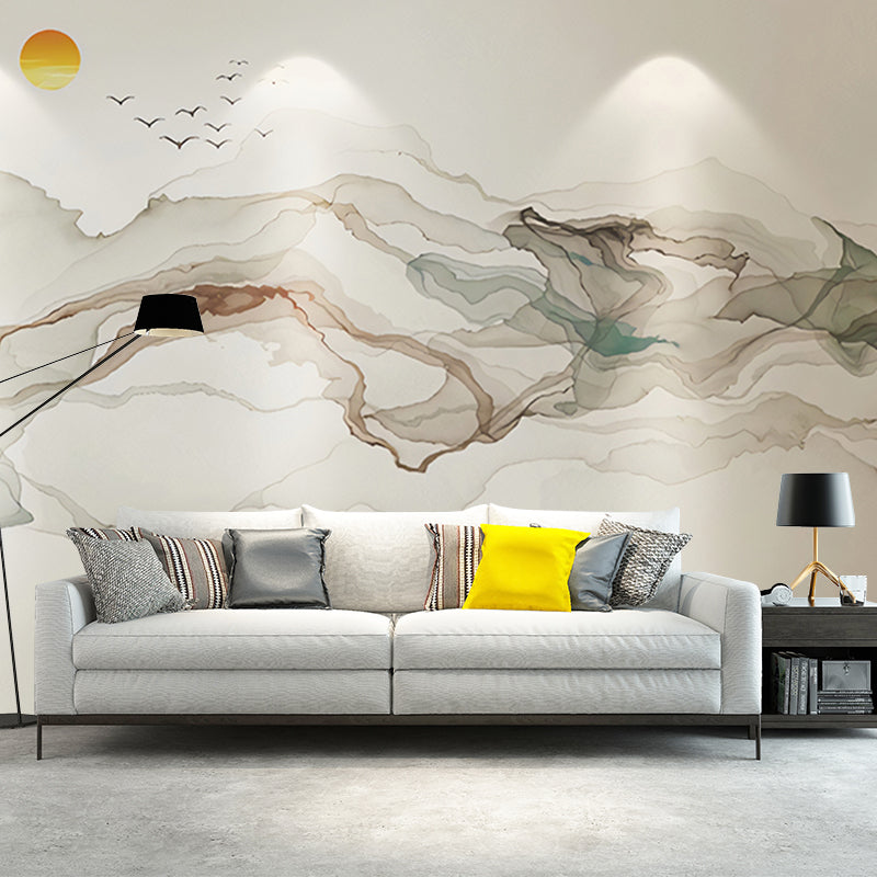 Frendorf | Grote illustratie zonsopgang wandtapijt voor de woningdecoratie in grijs en blauw, op maat gemaakte maten beschikbaar