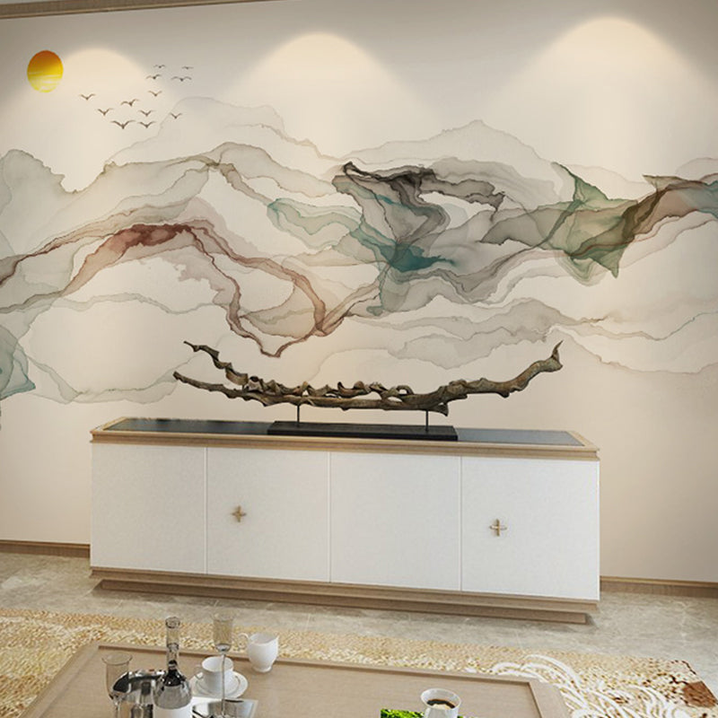 Frendorf | Grote illustratie zonsopgang wandtapijt voor de woningdecoratie in grijs en blauw, op maat gemaakte maten beschikbaar
