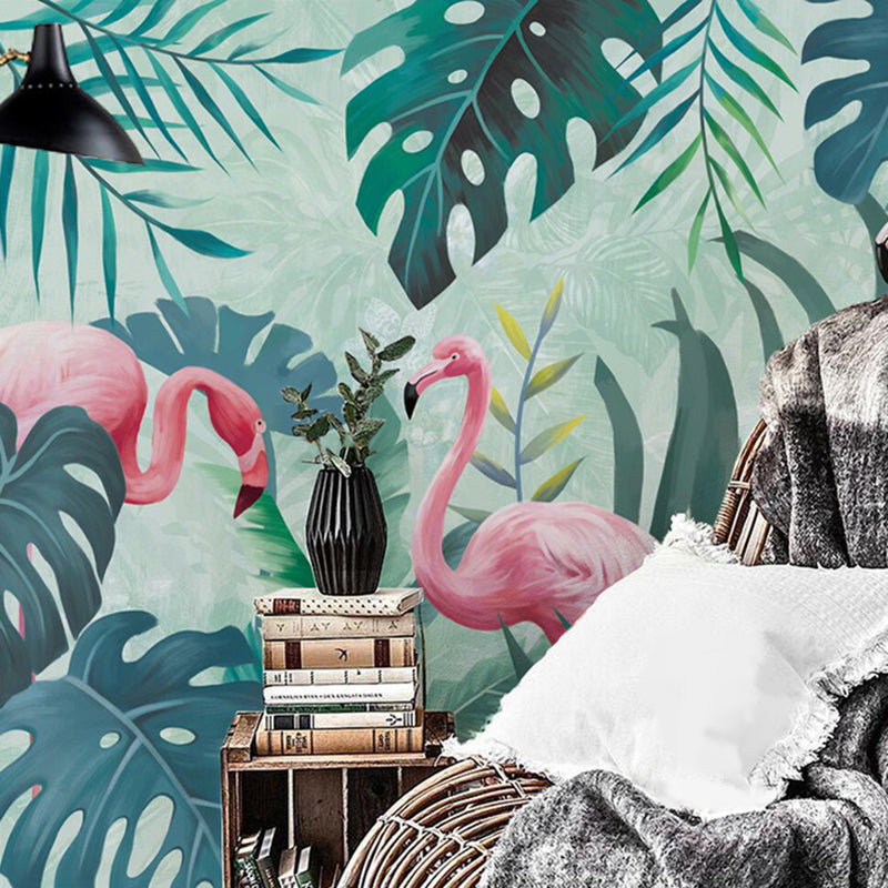 Frendorf | Groen Flamingo en Jungle Muurpapering Vlekbestendige Wandbedekking voor Galerie en Koffiehuis
