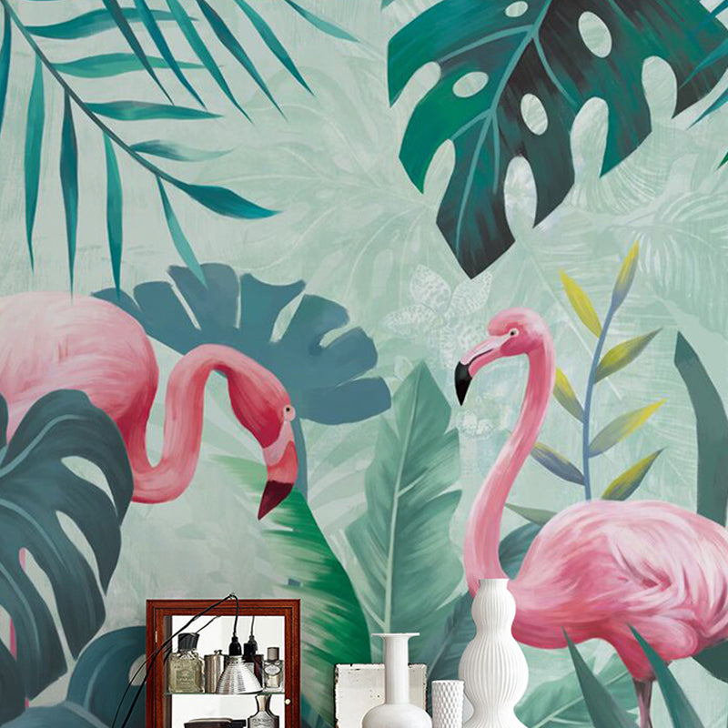 Frendorf | Groen Flamingo en Jungle Muurpapering Vlekbestendige Wandbedekking voor Galerie en Koffiehuis