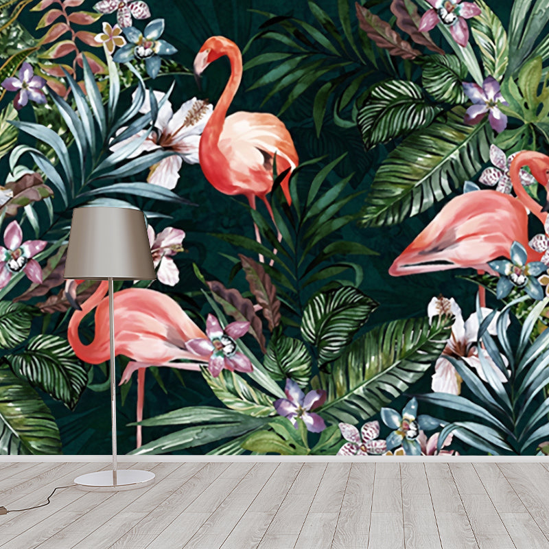 Frendorf | Tropische Flamingo en Bosmuur voor Galerie, Extra Grote Wandbedekking in Zacht Groen