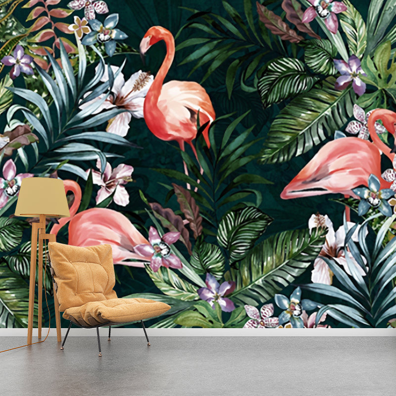 Frendorf | Tropische Flamingo en Bosmuur voor Galerie, Extra Grote Wandbedekking in Zacht Groen