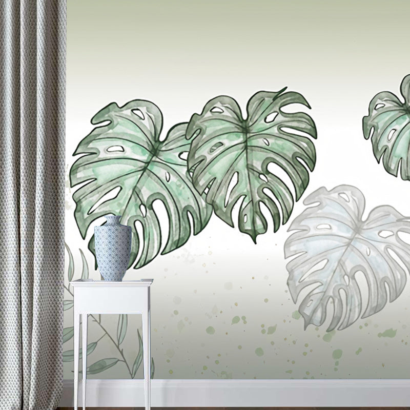 Giant Illustration Nordic Mural Wallpaper for Decoration with Leaf and Forest in Pastel Green