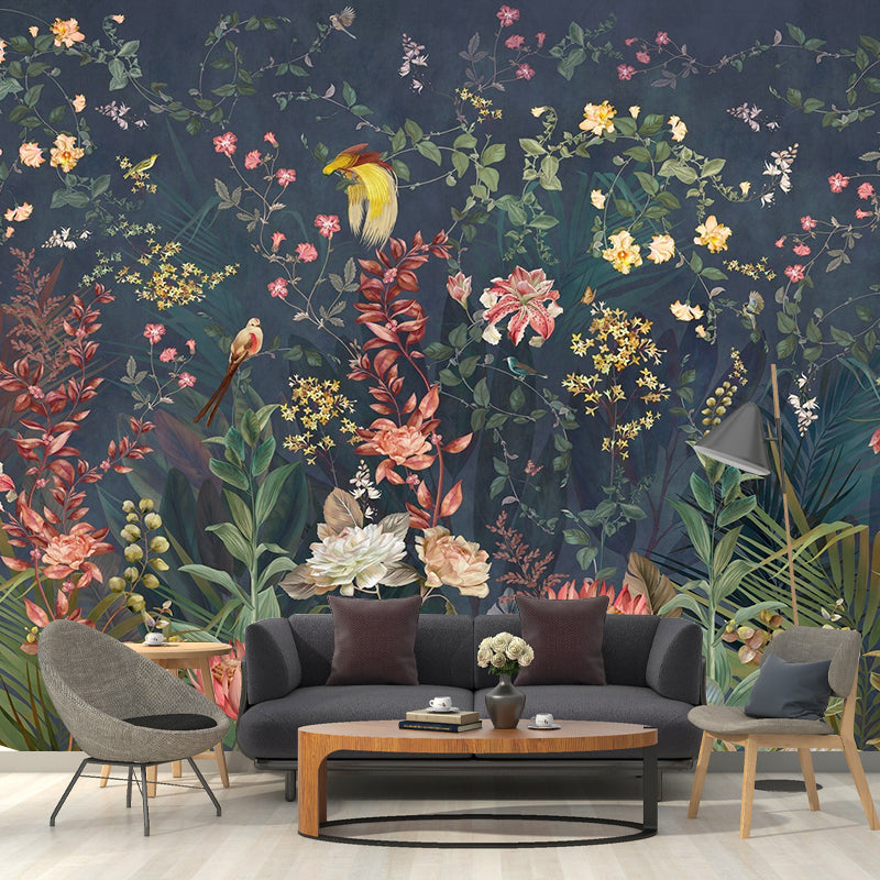 Große Wanddekoration Dichte Blumen- und Stängel-Mural-Tapete für Akzentwand, Pastellgrün, maßgefertigt