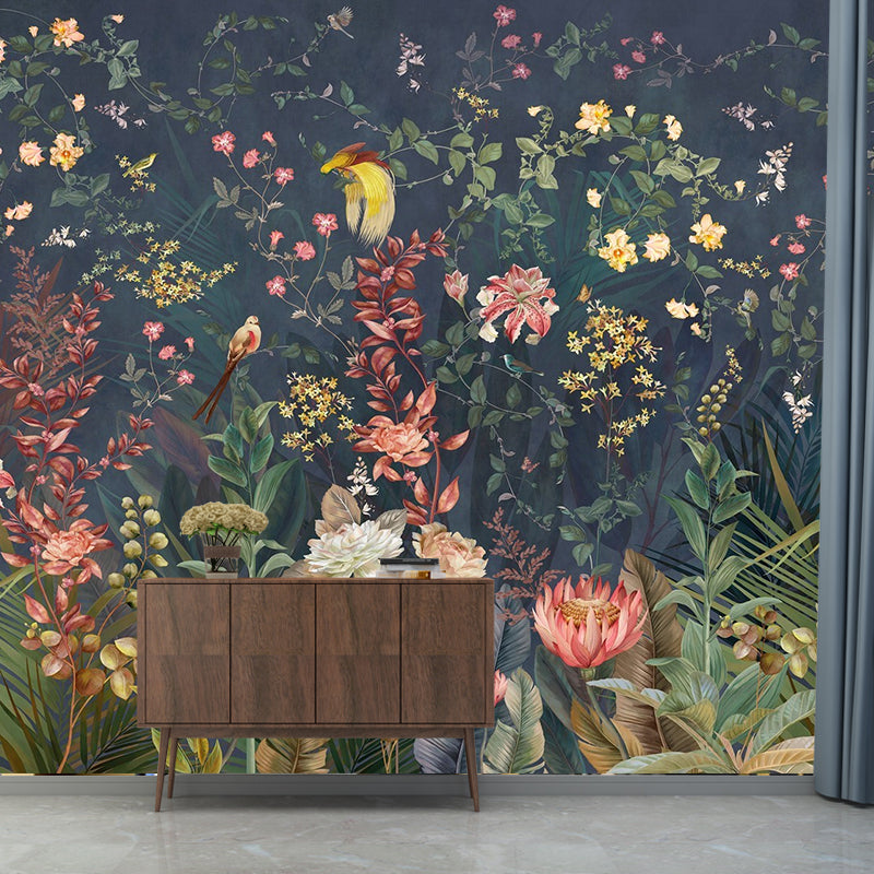 Große Wanddekoration Dichte Blumen- und Stängel-Mural-Tapete für Akzentwand, Pastellgrün, maßgefertigt