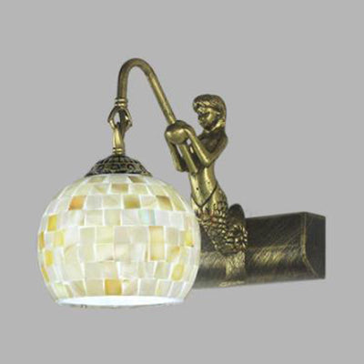 Frendorf | Globe Wandmontage Licht Tiffany Beige/Beige-Rode Schelp 1 Kop Badkamer Wandlamp Fixture met Zeemeermin Decoratie