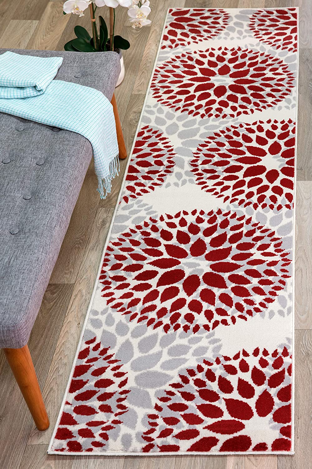 Frendorf | BloomNove Elegance Teppich | Grau & Rot | Blumendesign | Pflegeleicht & Modern