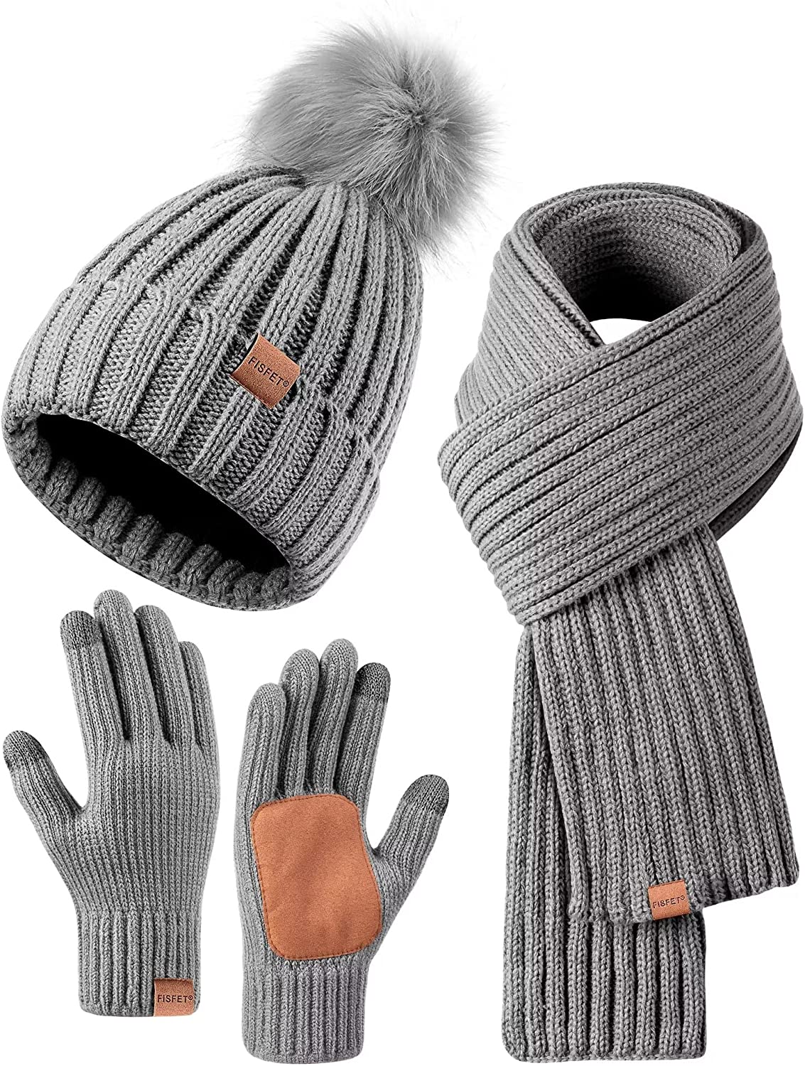 Frendorf | Damen Beanie mit Pom Pom Lange Schal Halswärmer Touchscreen Handschuhe 3 in 1 Set