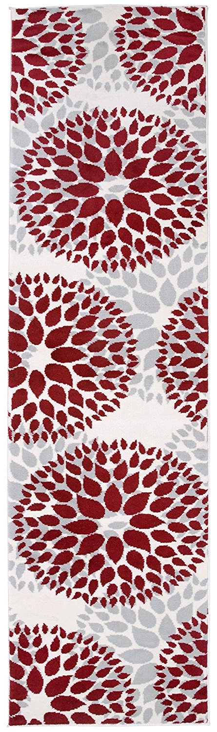 Frendorf | BloomNove Elegance Teppich | Grau & Rot | Blumendesign | Pflegeleicht & Modern
