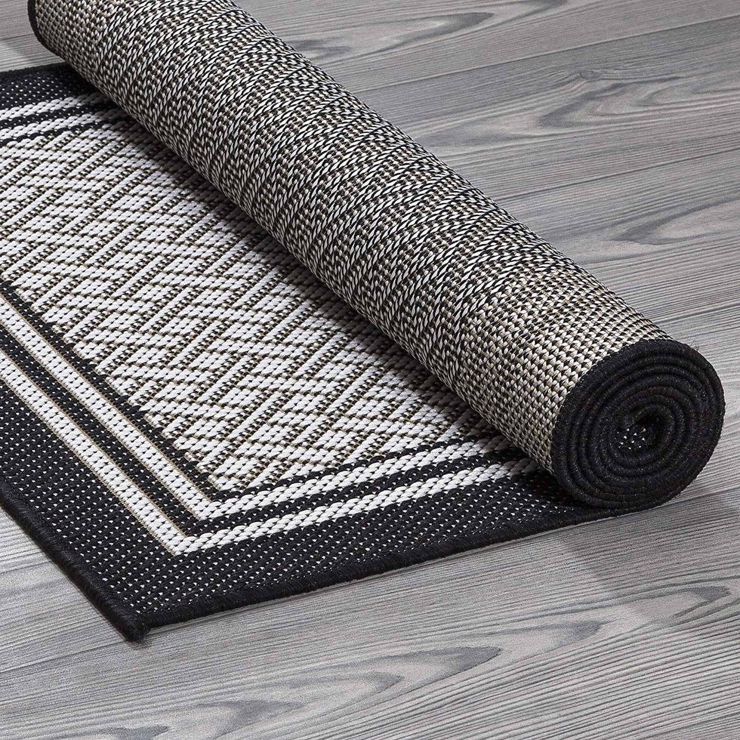 Jardin Indoor/Outdoor Bordered Runner Teppich, Schwarz, 2'X5',
