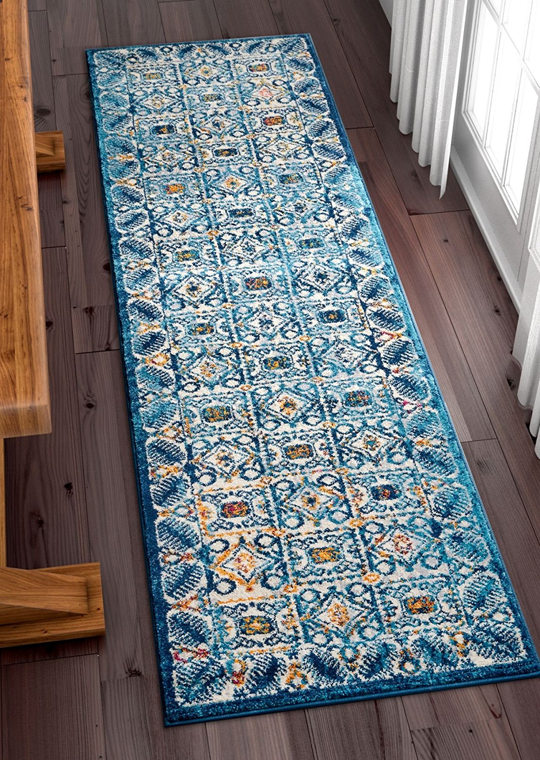 Frendorf | BlueBloom Vintage Teppich | Blumenmuster in Blau | Eleganz für Wohnzimmer & Flur | Pflegeleicht & Weich