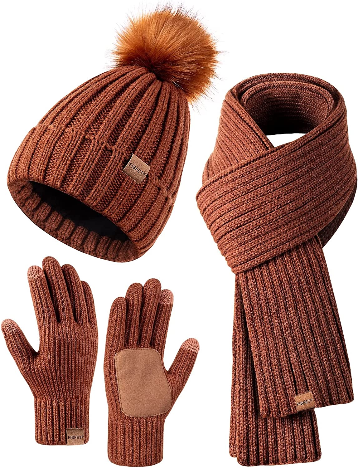 Frendorf | Damen Beanie mit Pom Pom Lange Schal Halswärmer Touchscreen Handschuhe 3 in 1 Set