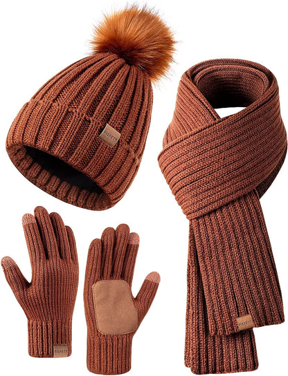 Frendorf | Damen Beanie mit Pom Pom Lange Schal Halswärmer Touchscreen Handschuhe 3 in 1 Set