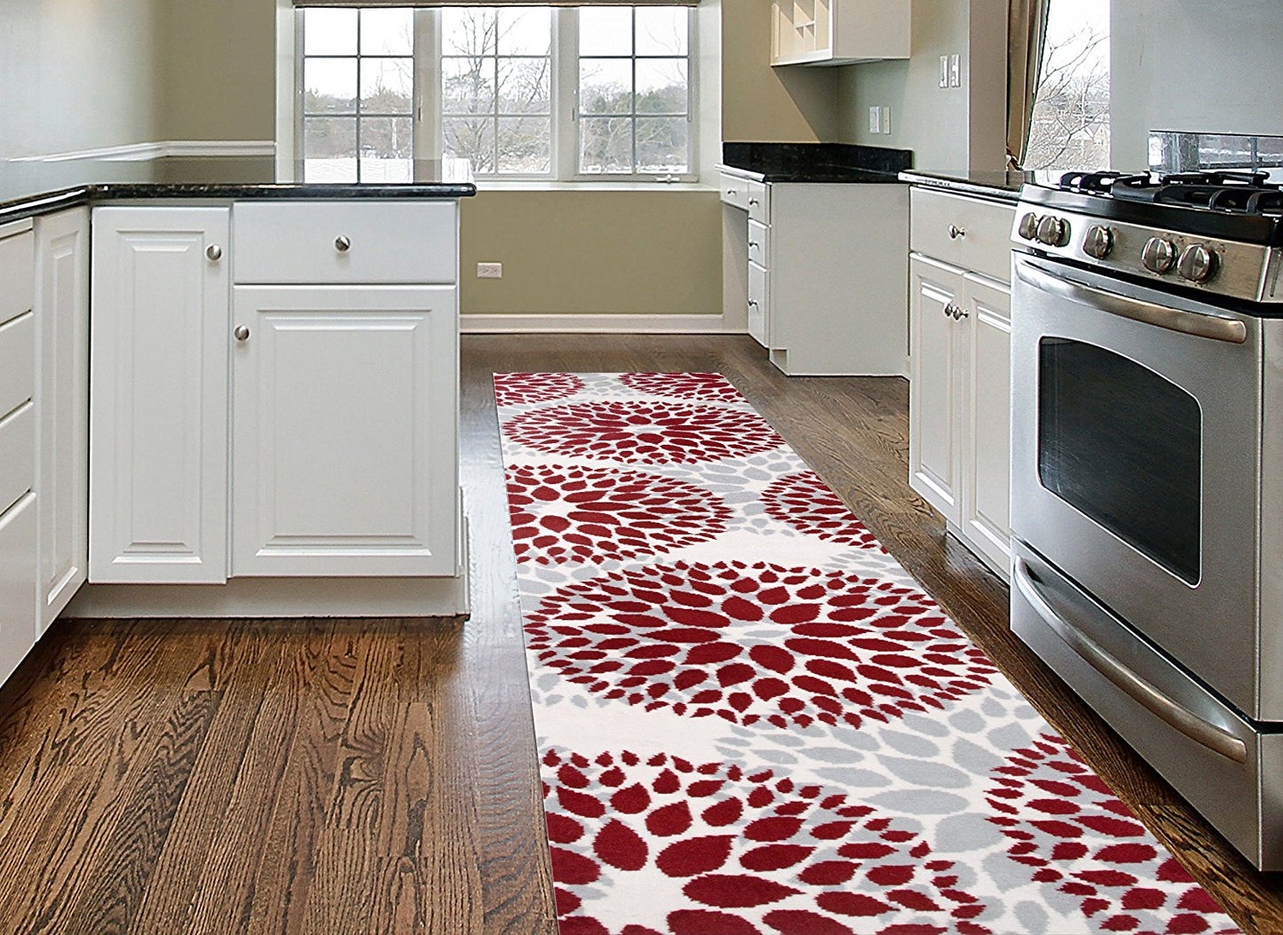 Frendorf | BloomNove Elegance Teppich | Grau & Rot | Blumendesign | Pflegeleicht & Modern